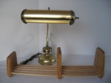 Lot - Brass Finish Banker Desk Lamp & Oak Natural Finish Adjustable Slide Book End