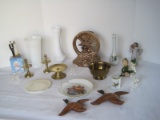 Lot - Brass Candle Sticks, Chip's Wheel Planter, Pixie Boy/Girl Figurines,