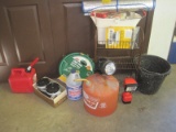 Lot - Garden Hose, Flash Lights, Windshield Covers, Handy Bar Tool, Galvanized Gasoline Can