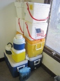 Lot - Misc. Coolers/Jugs Igloo, 2 Coleman Polylite 48, Thermos, Styrofoam, Etc.