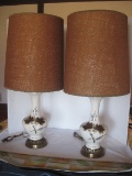 Pair - Mid-Century Modern Porcelain Vase Form Table Lamps Hand Painted Foliate