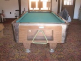 Vintage American Shuffle Board Co. Pool Table Wood Tone, Stainless Corner Pocket Trim