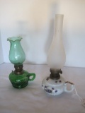 Lot - Green Pressed Glass Chamber Oil Lamp 7 3/4