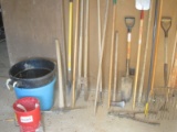 Lot - Misc. Yard Tools, Post Hole Digger, Pitchfork Hard Rakes, 2 Round Tubs, Etc.