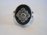 Stamped 925 Ladies Onyx Ring Embellished w/ Marcasite Setting