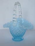 Fenton Blue Opalescent Small Hobnail Pattern Footed Basket w/ Clear Applied Handle