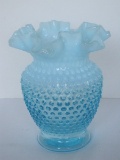 Fenton Blue Opalescent Hobnail Pattern Vase w/ Flared Ruffled Rim