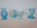 Lot - Fenton Blue Opalescent Hobnail Pattern Cat in Slipper, Cornucopia & Bud Vase