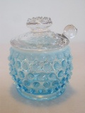 Fenton Blue Opalescent Hobnail Pattern Mustard w/ Lid & Spoon Circa 1939-1955