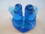 Terra Studios Art Glass Pair Blue Birds of Happiness on Heart Shape Base