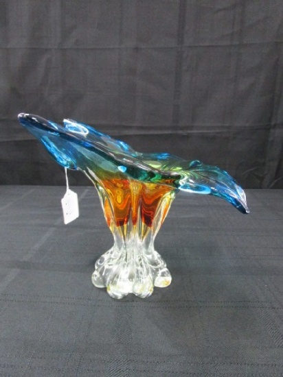 Murano Art Glass Clear-Amber-Blue Petal Design Vase