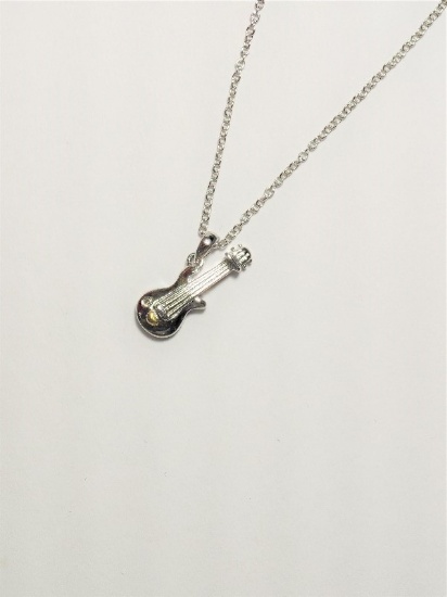 Sterling Silver Violin Shaped Pendant w/ Diamond Necklace