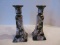 Pair - Porcelain Candle Stick Oriental Fruit/Foliage Design Gilt Trim on Black Background