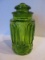 Emerald Pressed Glass Moon & Stars Pattern Canister w/ Lid