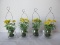 4 Decorative Small Glass Hanging Bottles w/ Yellow Miniature Flowers