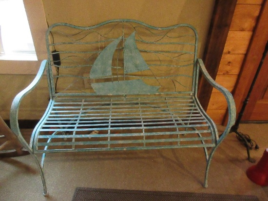 Grandiose Metal Sailboat Intricate Design Back Slat Seat Bench Antiqued Verdigris Patina