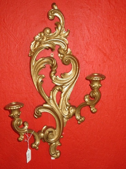 Syroco Wood Scroll Acanthus Leaves & Flowers Double Arm Candle Holder Wall Décor