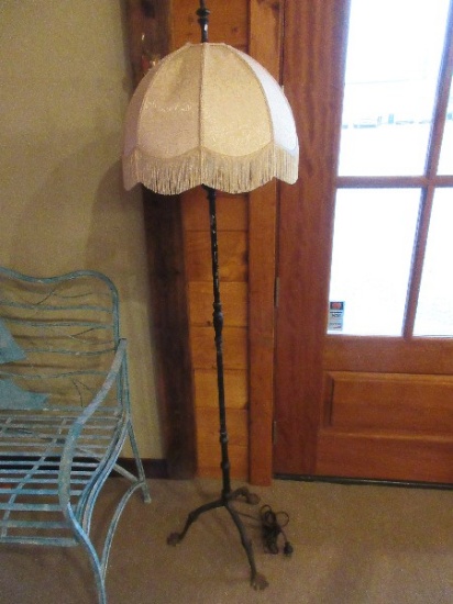 Antique Cast Iron Parlor Floor Lamp w/ Scalloped Fringe Panel Shade Black Finish