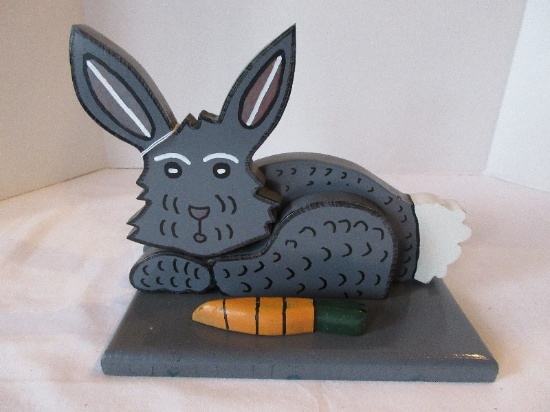 Folk Art Style Hand Painted 3 Dimension Gray Bunny Rabbit Figure w/ Carrot