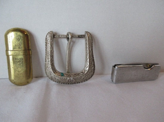 Lot - Brass No.5 Lighter, Clip Pocket Knife & Western Design Embossed Belt Buckle