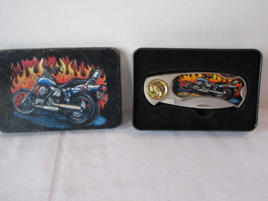 Motorcycles Series Locking Blade Pocket Knife w/ Tin Handle Features Motorcycle & Flames