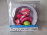 Duke's Pet Products Dog Bowl w/ Toys Pink Dog Bones/Paw Print Design Bowl