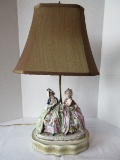 Exquisite Porcelain Figural Table Lamp 2 Victorian Women w/ Floral Bouquet