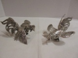 Pair - Metal Fighting Cock Rooster Figurines Silver Tone Patina