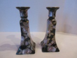 Pair - Porcelain Candle Stick Oriental Fruit/Foliage Design Gilt Trim on Black Background