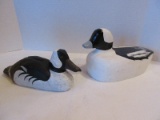 2 Hand Carved Wooden Duck Figures Black/White 1 Artist Signed David H. Baker