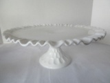Vintage Fenton Milk Glass thumbprint Pattern Pedestal cake Stand w/ Crimped Ruffled Edge