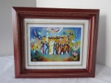 Wedding Marriage Gathering Print Artist Ben-Avram in Brown Antiqued Frame