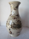 Large Porcelain Vase w/ Pheasant Birds & Foliage Transfer Design Craquelure Finish Flared Rim