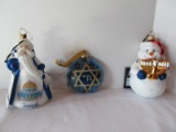 3 Religious Hand Crafted Glass Ornaments Joy To The World Interfaith Snowman w/ Menorah