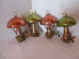 Lot - 4 Hand Blown Glass Iridescent Mushroom Ornaments w/ Moss on Base