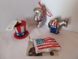 4 Americana Christmas Ornaments Hand Crafted Glass Old World Republican Elephant