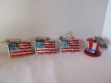 4 Americana Christmas Ornaments Hand Crafted Glass Uncle Sam's Hat & 3 American Flags