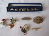 Lot - Noah's Ark Genuine Paua Shell Bracelet, Rooster Figural Brooch, Filigree Hair Barrette