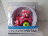 Duke's Pet Products Dog Bowl w/ Toys Pink Dog Bones/Paw Print Design Bowl