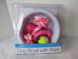 Duke's Pet Products Dog Bowl w/ Toys Pink Dog Bones/Paw Print Design Bowl