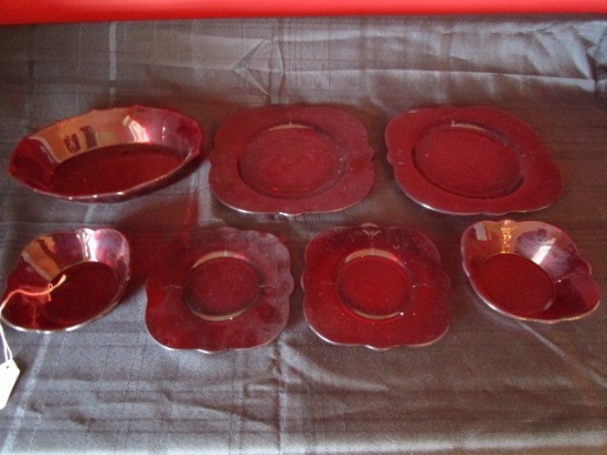 Ruby Glass Lot - 2 Bowls 5", Bread/Butter Plater 6" sq. ,2  Plates 8 1/2", Oval Bowl 9 1/2"