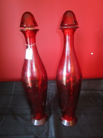 Pair - Hand Blown Glass Wide Body, Narrow Neck Decanters w/ Cork/Glass Tops Ruby