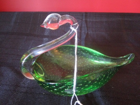Swan Design Glass Dish Green Base/Bubble Motif