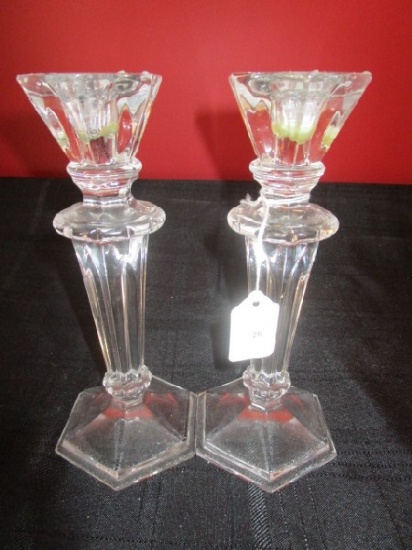 Pair - Glass Spindle Design Candle Sticks 8 3/4" H