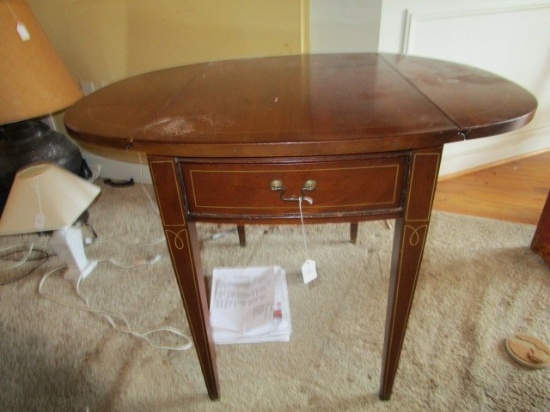 Drop-Leaf Side Table w/ 1 Drawer, Brass Pull, Tapered Legs w/ Lined Pattern Motif