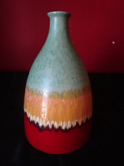 Red/Golden/Turquoise Glazed Ceramic Wide Body-To-Narrow Neck Vase