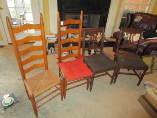 Lot -2 Wooden Lyre Back Chairs, Column Front Legs, Curved Back, Striped Upholstered Seats