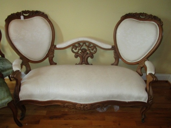 Revival-Style Repro Couch 2 Shield-Back Upholstered w/ Upholstered Stretcher