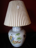 Large Body Ceramic Lamp Hand Painted Floral/Asian Motif Black Base, Brass Urn Top w/ Shade