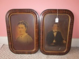 Pair - Vintage Tin Type Photograph Prints in Wood Frames